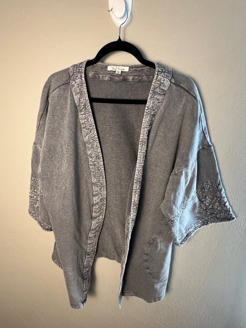 Solitaire Grey Cotton Knit Kimono XL | Boho Embroidered Trim Lightweight Layer